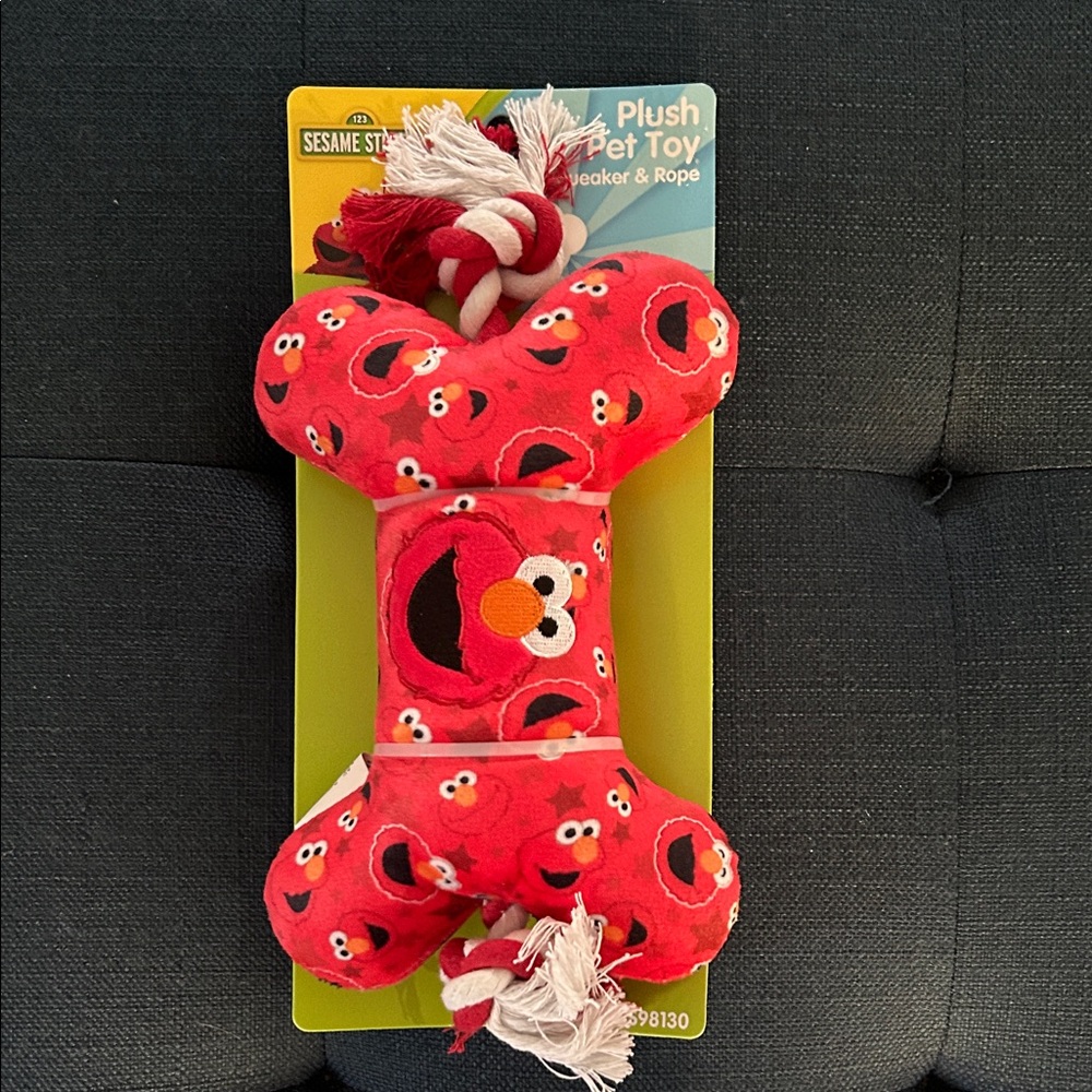 Sesame Street Elmo Red Plush Dog Bone Toy Rope and Squeaker